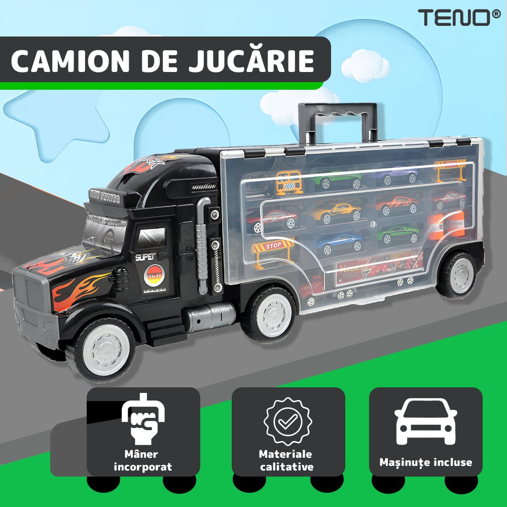 Set Camion Trailer de Jucarie pentru Transport Teno®, pentru masinute de curse, 9 masinute incluse, semne de circulatie, accesorii mobile, plastic si metal, scara 1:22, negru