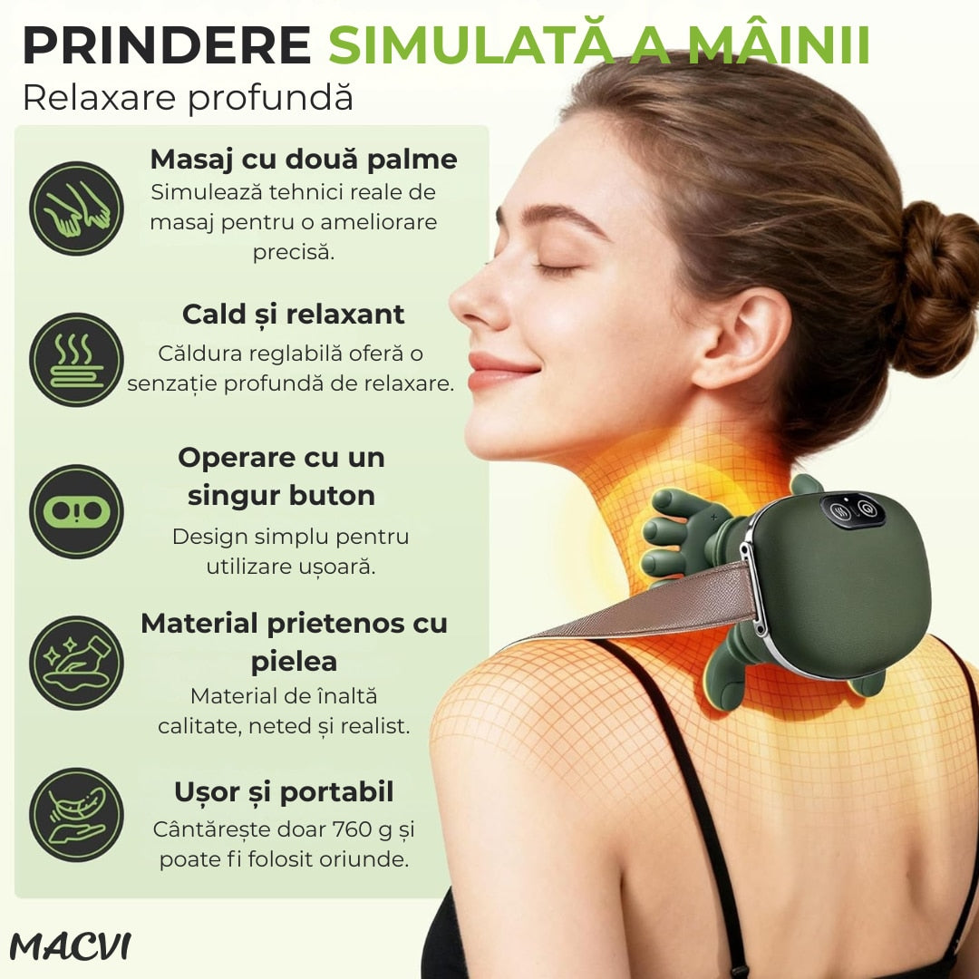Aparat Masaj Gat si Umeri 4D Macvi® cu Incalzire 3 Intensitati Masaj Cervical Bionic Terapie Termica Simulare Masaj Maini Ameliorare Durere Gat Umeri Relaxare Musculara