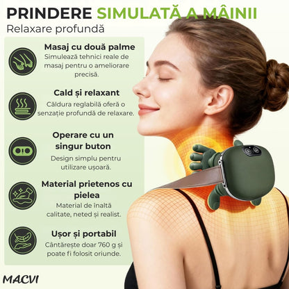 Aparat Masaj Gat si Umeri 4D Macvi® cu Incalzire 3 Intensitati Masaj Cervical Bionic Terapie Termica Simulare Masaj Maini Ameliorare Durere Gat Umeri Relaxare Musculara