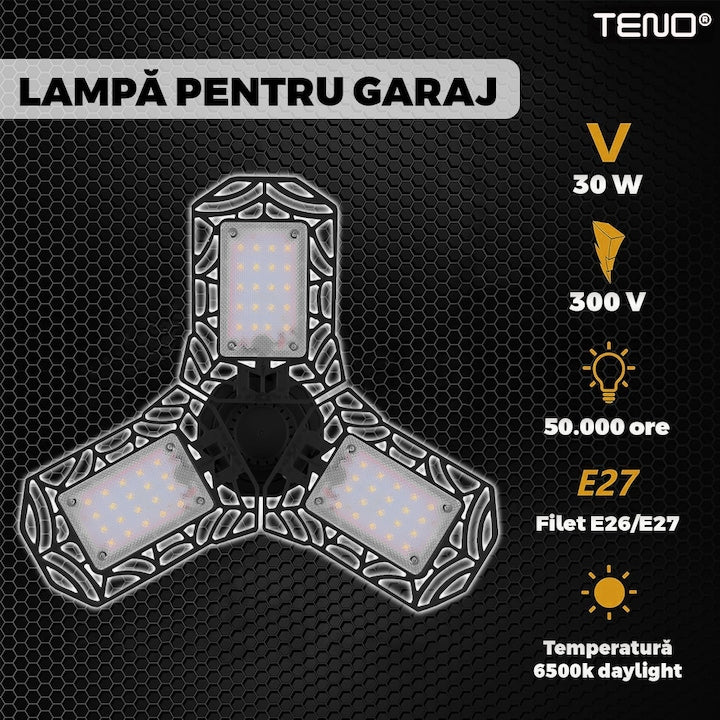 Lampa LED cu 3 Brate Mobile Teno®, 3 aripi pliabile, 36 LED-uri, flux luminos 3000LM, lumina alba rece 6000-6500K, bec iluminare pentru interior garaj/depozit/atelier, negru