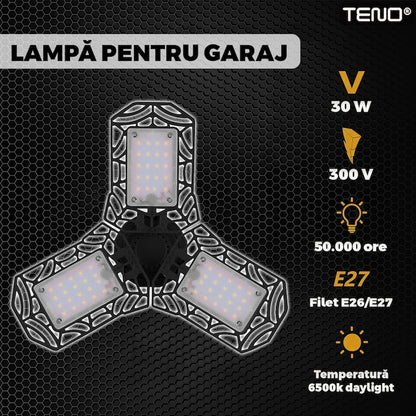 Lampa LED cu 3 Brate Mobile Teno®, 3 aripi pliabile, 36 LED-uri, flux luminos 3000LM, lumina alba rece 6000-6500K, bec iluminare pentru interior garaj/depozit/atelier, negru