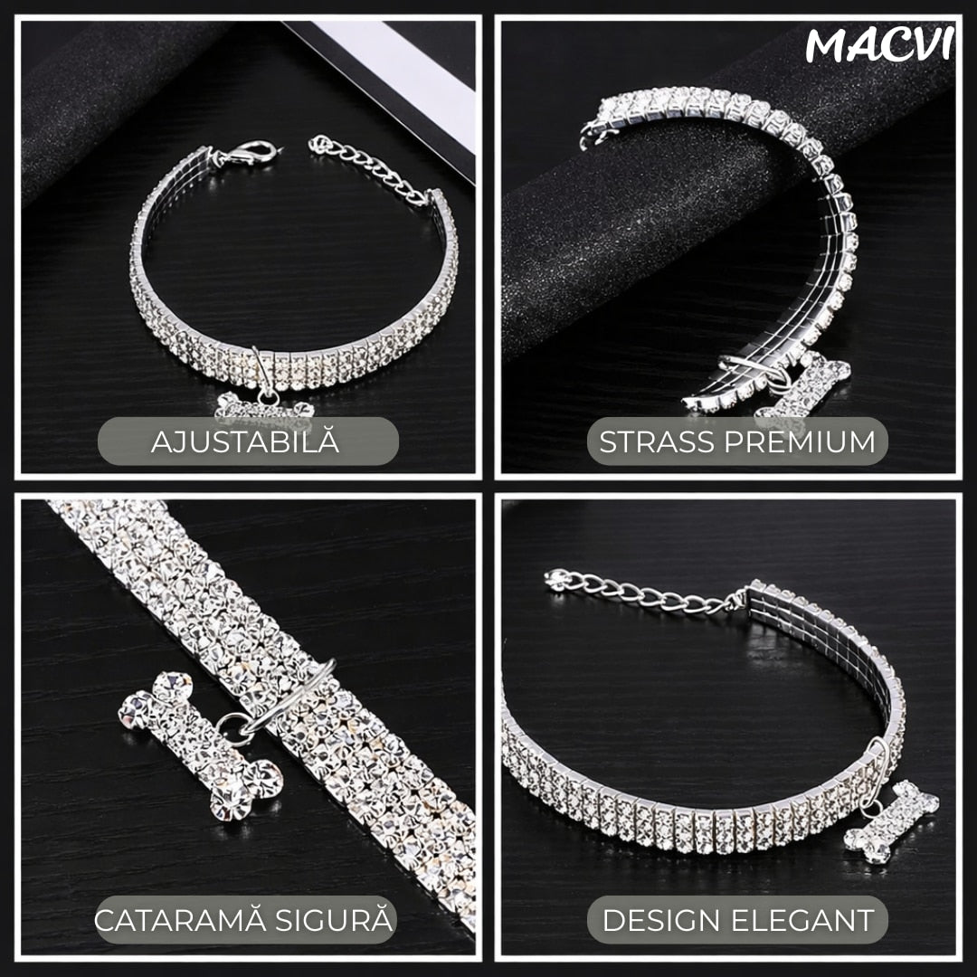 Zgarda pentru caini de talie mica Macvi® cu cristale stralucitoare, design elegant, ajustabila, argintiu