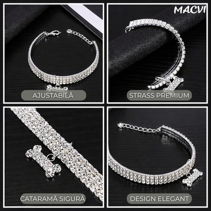 Zgarda pentru caini de talie mica Macvi® cu cristale stralucitoare, design elegant, ajustabila, argintiu