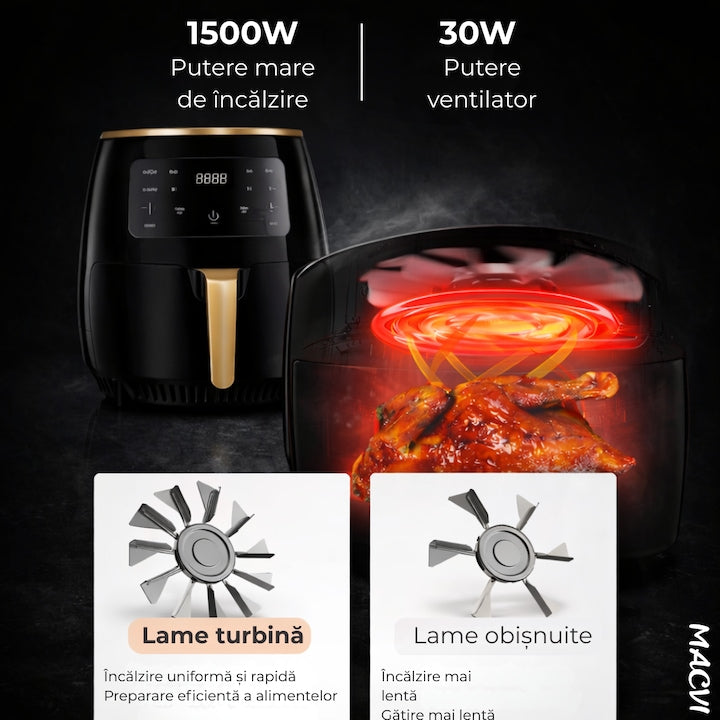 Friteuza cu Aer Cald Macvi®, Air Fryer, Filtru de Aer Integrat, 6 Programe, Putere 2400W, Control Temperatura, Cronometru Reglabil, Capacitate 6L