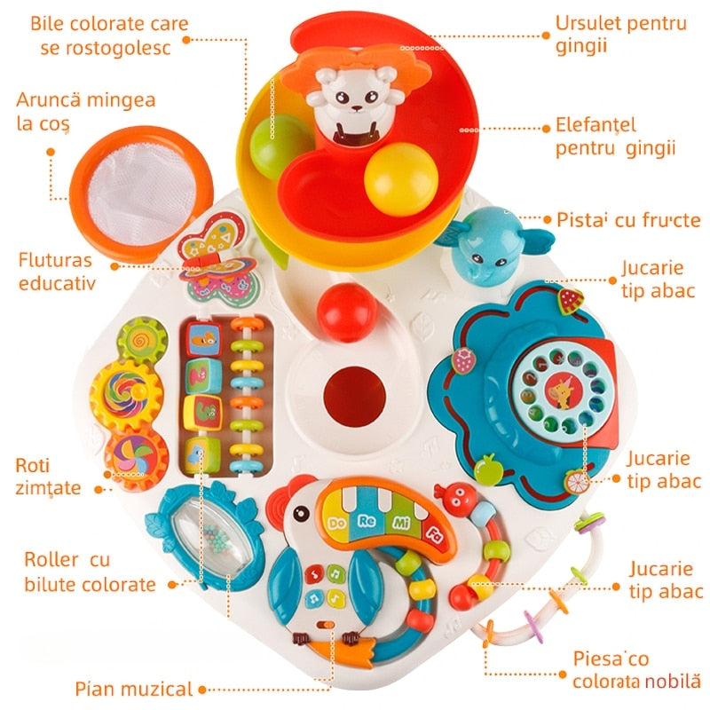 Masuta Educativa Macvi® Multifunctionala cu Pian Lumini Sunete Bile Jocuri Logice Dentitie Copii