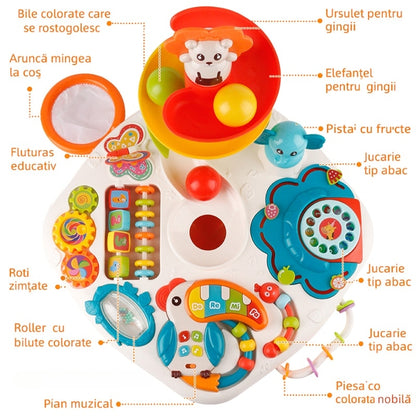 Masuta Educativa Macvi® Multifunctionala cu Pian Lumini Sunete Bile Jocuri Logice Dentitie Copii