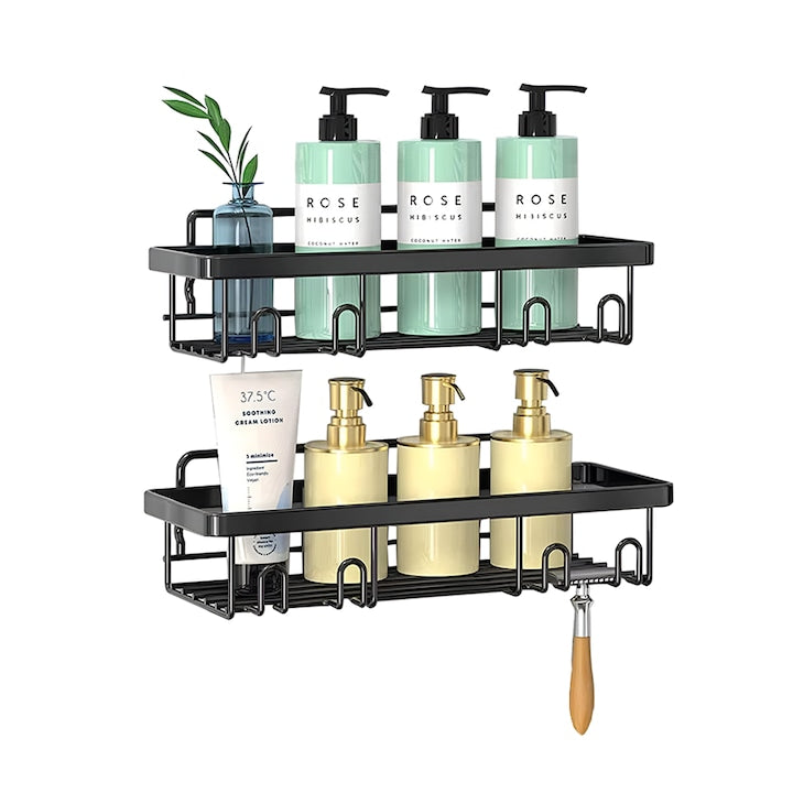 Set 2 Rafturi pentru Dus Teno®, depozitare si organizare, baie/bucatarie, otel inoxidabil, montare adeziva, rezistenta ridicata, cuiere incorporate, suporturi inalte, negru