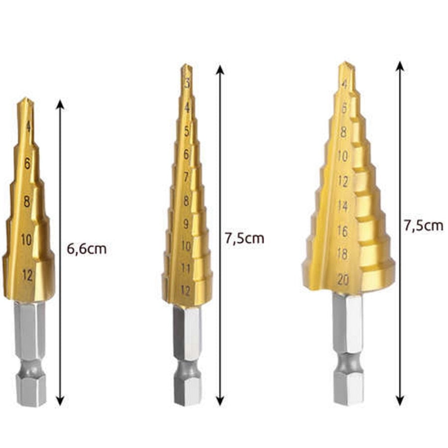Set 3 burghie conice in trepte Macvi®, otel HSS cu acoperire titan, tije 6 mm, dimensiuni 4-12 mm, 3-12 mm, 4-20 mm, cutie depozitare inclusa, rezistente si durabile