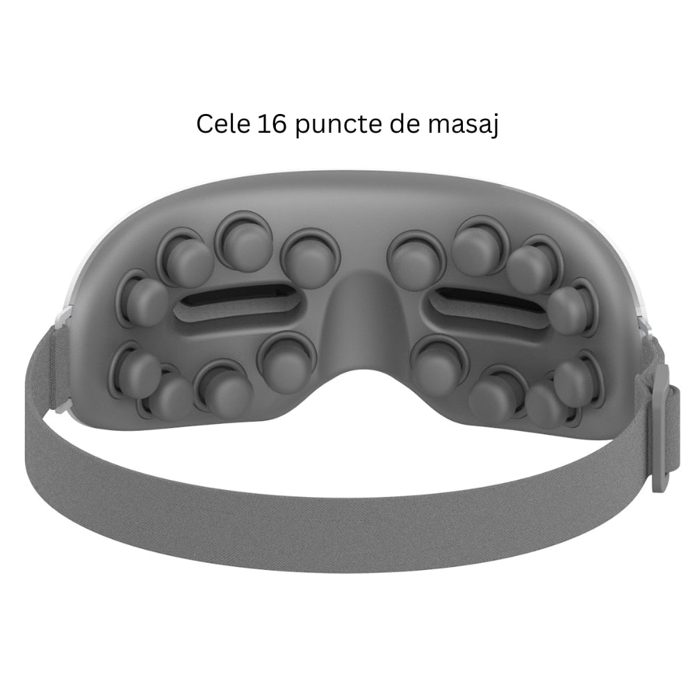 Aparat de masaj pentru ochi Macvi® cu 4 moduri de relaxare 16 puncte de masaj Bluetooth compresie termica presopunctura perne de aer vibratii alb