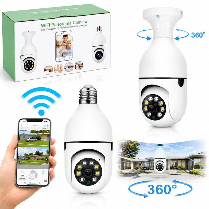 Camera de Supraveghere WiFi Macvi® Tip Bec E27, PTZ 360°, Full HD 1080P, 2MP, Vedere Nocturna Color, Detectare Miscare si Sunet, Audio Bidirectional, iCSee, Slot Card MicroSD 128GB, Alb