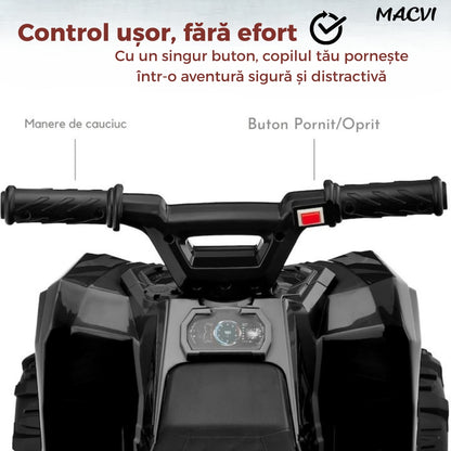 ATV Electric MACVI® pentru Copii cu Motor 6V si Baterie Reincarcabila, Potrivit 18-36 Luni, Control Simplu si Siguranta Sporita, Negru