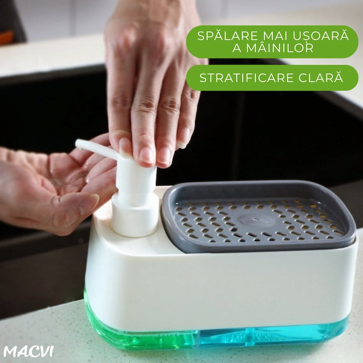 Dozator sapun Macvi® cu pompa dubla si suport burete dozator detergent vase si sapun de maini design compact pentru chiuveta