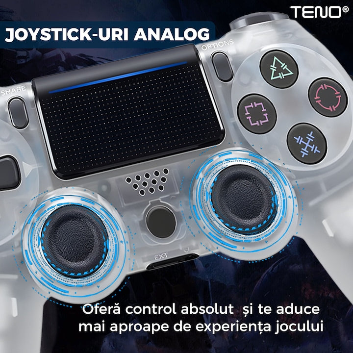 Controller Wireless DoubleShock Teno®, compatibil cu PS4, joystick-uri analog, vibratie dubla, baterie performanta, transparent