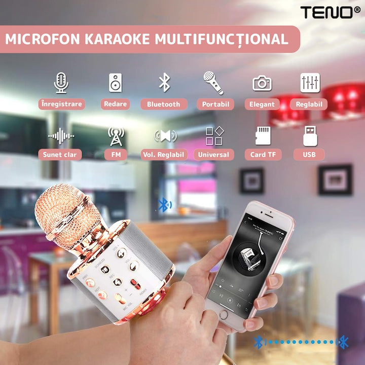 Microfon Karaoke Multifunctional pentru Copii, Teno®, boxa integrada, mod schimbare voce, stereo, slot card memorie/aux, lumini, rose gold