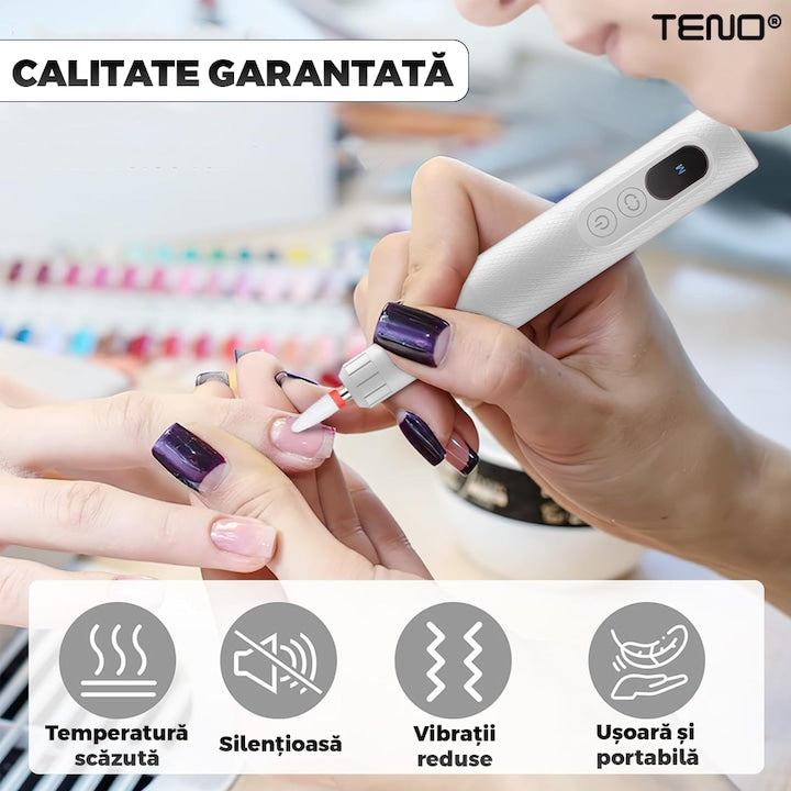 Pila Electrica Profesionala pentru Unghii Teno®, freza wireless, 18000 RPM, ecran LED, manichiura-pedichiura, 12 capete pentru pila, 36 benzi de slefurie, portabila, alba