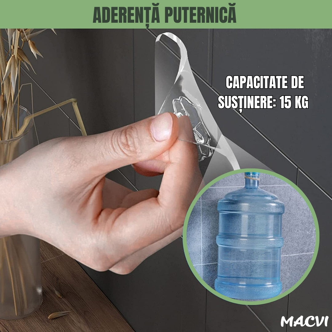 Set 10 carlige autoadezive Macvi® transparente pentru prosoape, impermeabile, ABS durabil, 180° rotative, fixare puternica si reutilizabila, pentru baie, bucatarie si dormitor
