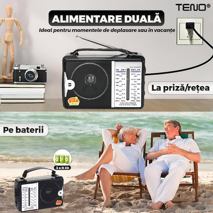 Radio Portabil Teno®, FM/AM/SW1/SW2, mod dual de alimentare, baterii/la priza, receptie ridicata ce prinde posturi regionale/la sate, negru