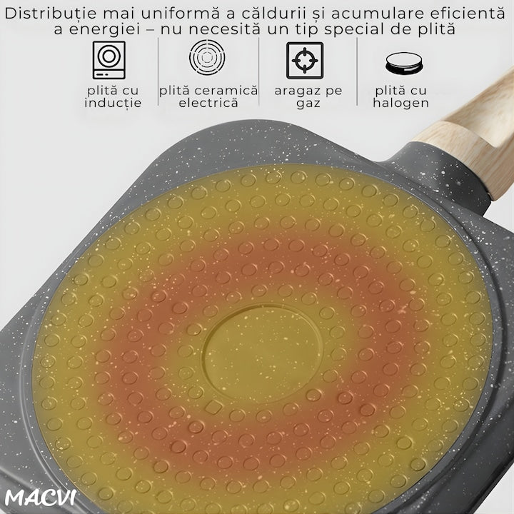 Tigaie Macvi® pentru mic dejun cu 3 gauri aluminiu antiaderent pentru oua burgeri clatite omleta maner ergonomic bachelita pentru aragaz si inductie