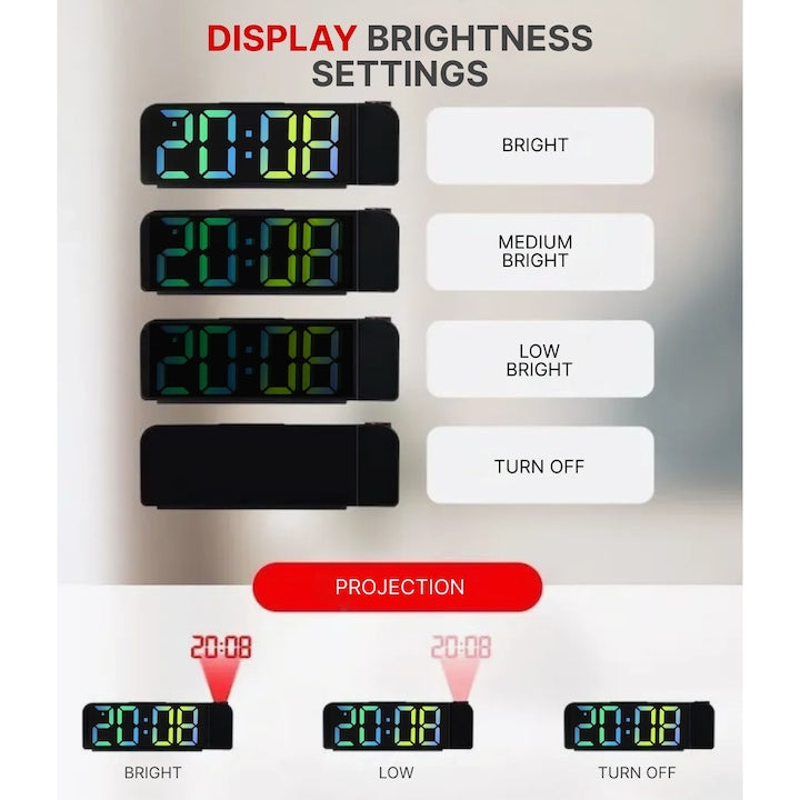 Ceas digital de masa Macvi®, LED multicolor, proiectie ora tavan/perete, alarma, temperatura, 12/24H, USB, negru, baterie CR2032 (neinclusa), 13 x 7 x 4 cm