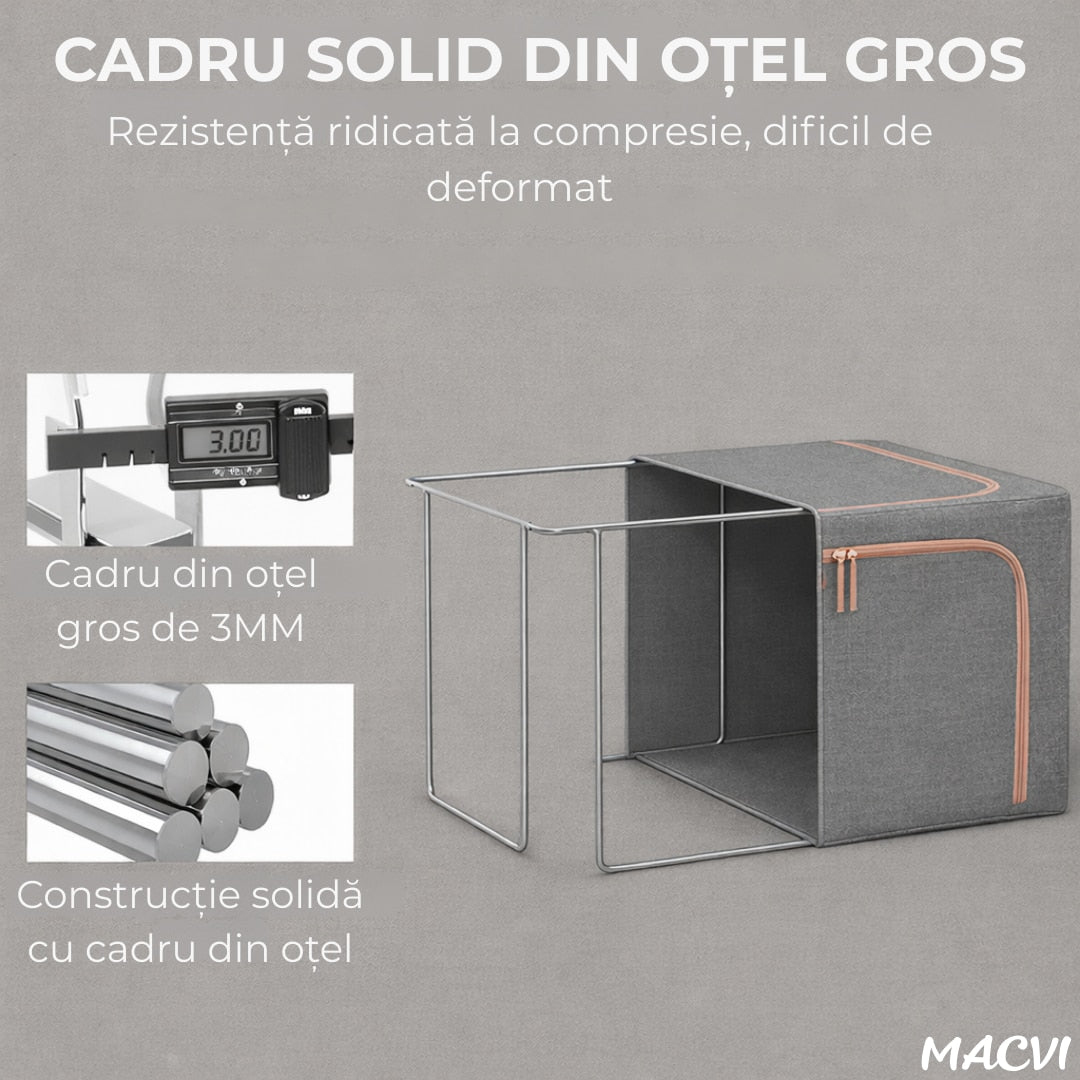 Organizator depozitare Macvi® 100 litri, cutie textila pliabila cu capac si fermoar, panou transparent pentru vizualizare si cadru metalic robust, ideala pentru haine voluminoase si depozitare