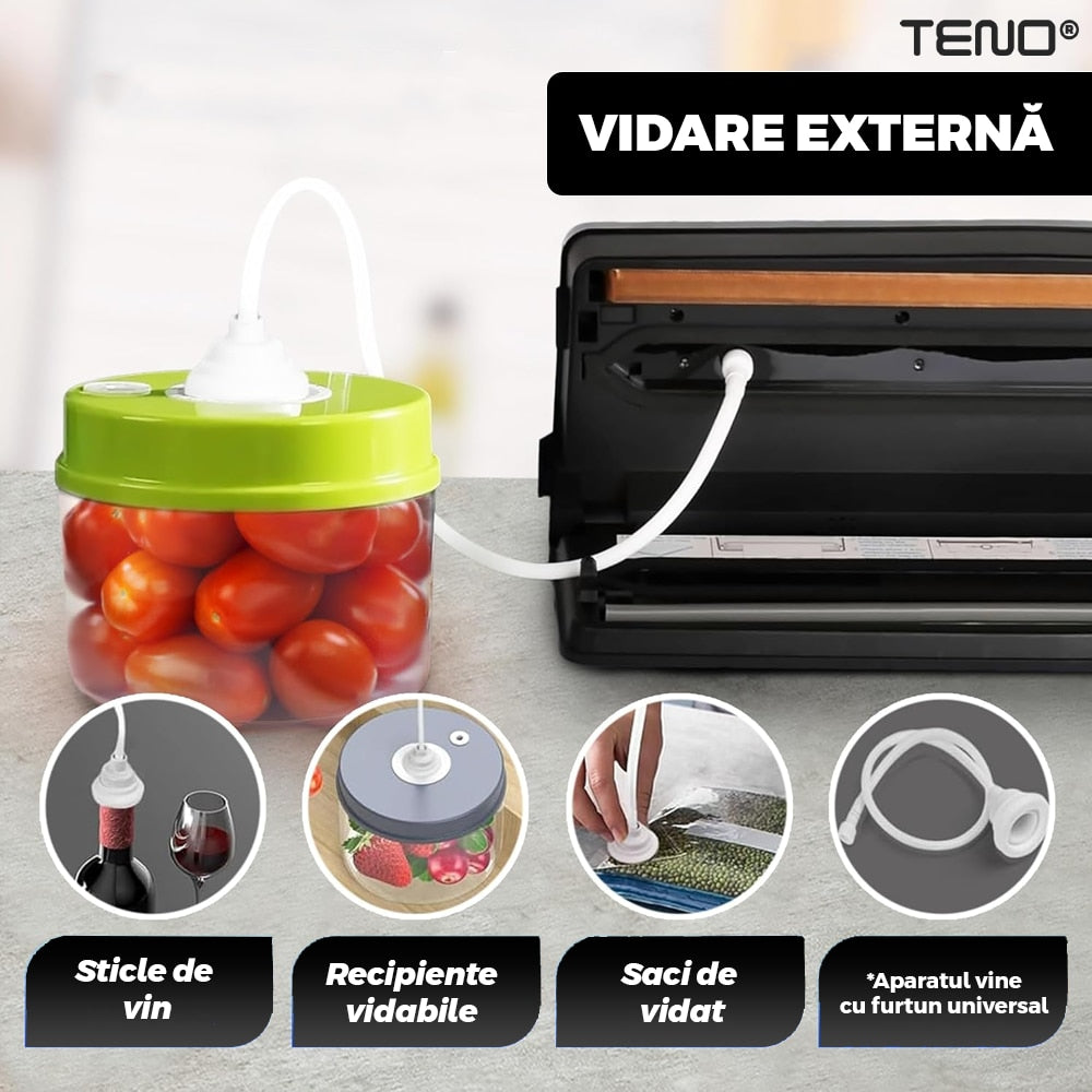 Aparat de Vidat si Sigilat PRO Teno®, functie de sigilare si vidare automata, vidare externa, 8 moduri de operare, putere ridicata, 65 kpa, furtun inclus, cutter incorporat, afisaj digital, negru