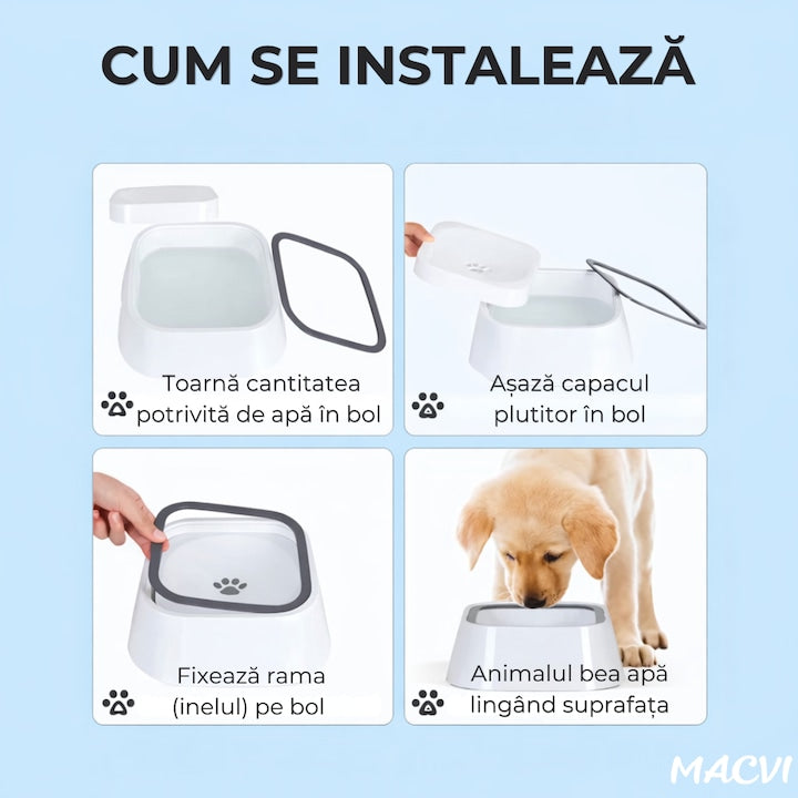 Bol Macvi® pentru apa, antistropire si antialunecare, 1.5 L, alb, pentru caini si pisici, plastic
