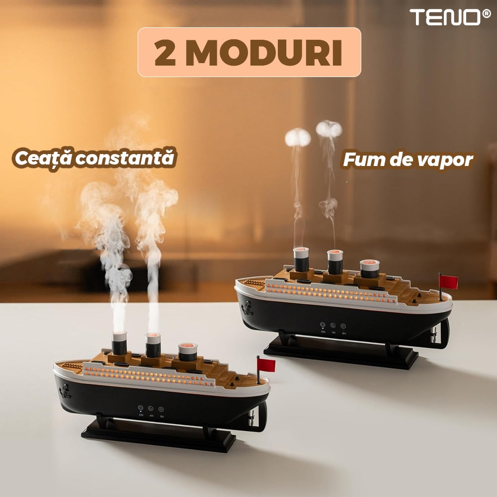 Difuzor Aromaterapie Teno®, forma de nava de croaziera, 7 culori LED, lumini dinamice, control tactil, capacitate 250ml, silentios, rezerva inclusa, umidifica aerul, negru/alb