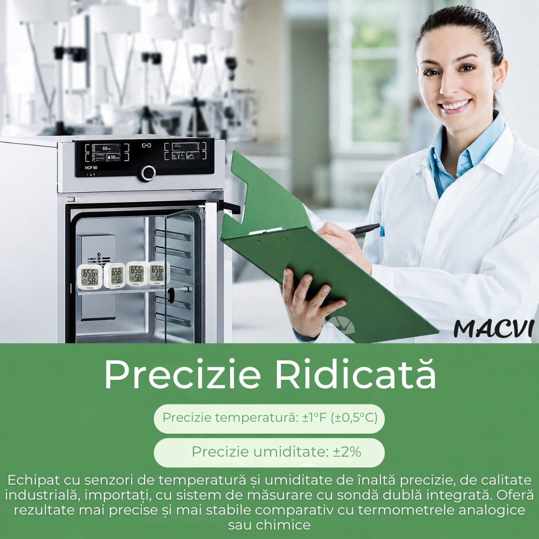 Termometru si higrometru camera Macvi®, indicator comfort, citire 10 secunde, senzor precis, Interval umiditate: 10% - 99% RH, -20°C pana la +60°C, ultra compact, alb