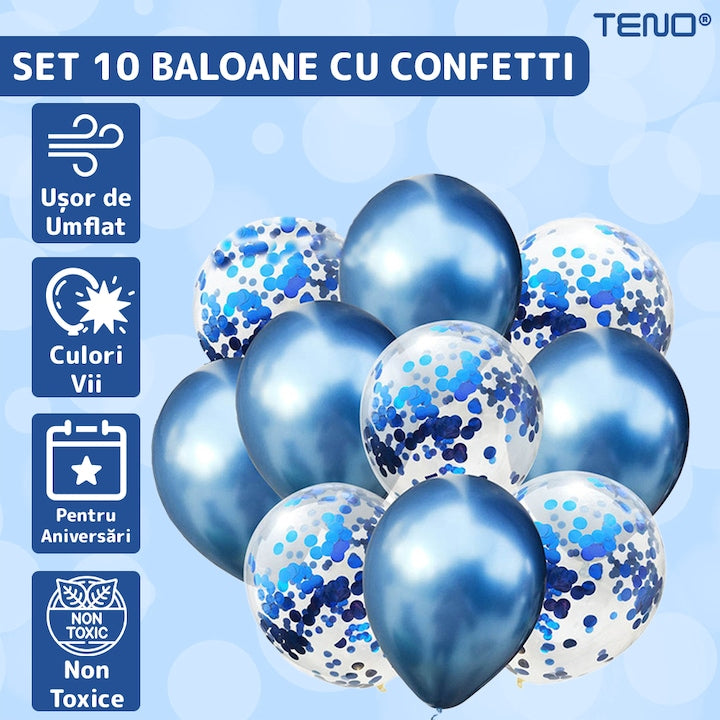 Set 10 Baloane Teno®, Confeti, pentru Petreceri/Aniversari/Evenimente, o singura dimensiune, 2 culori, latex, albastru inchis
