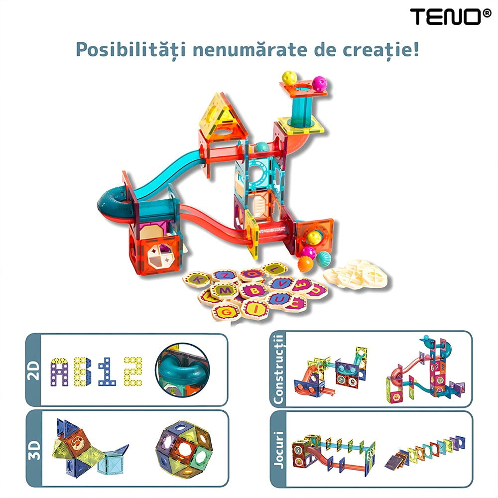 Set Inteligent si Creativ Magnetic 3D Teno®, 125 Piese, traseu cu bile, creativ, numeroase posibilitati de construit, dezvoltarea abilitatilor motrice si a imaginatiei, multicolor