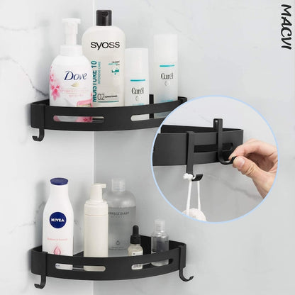 Raft de dus Macvi® set etajera baie aluminiu negru design modern si rezistent montaj usor spatiu optimizat