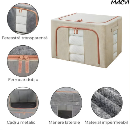 Organizator depozitare Macvi® 100 litri, cutie textila pliabila cu capac si fermoar, panou transparent pentru vizualizare si cadru metalic robust, ideala pentru haine voluminoase si depozitare