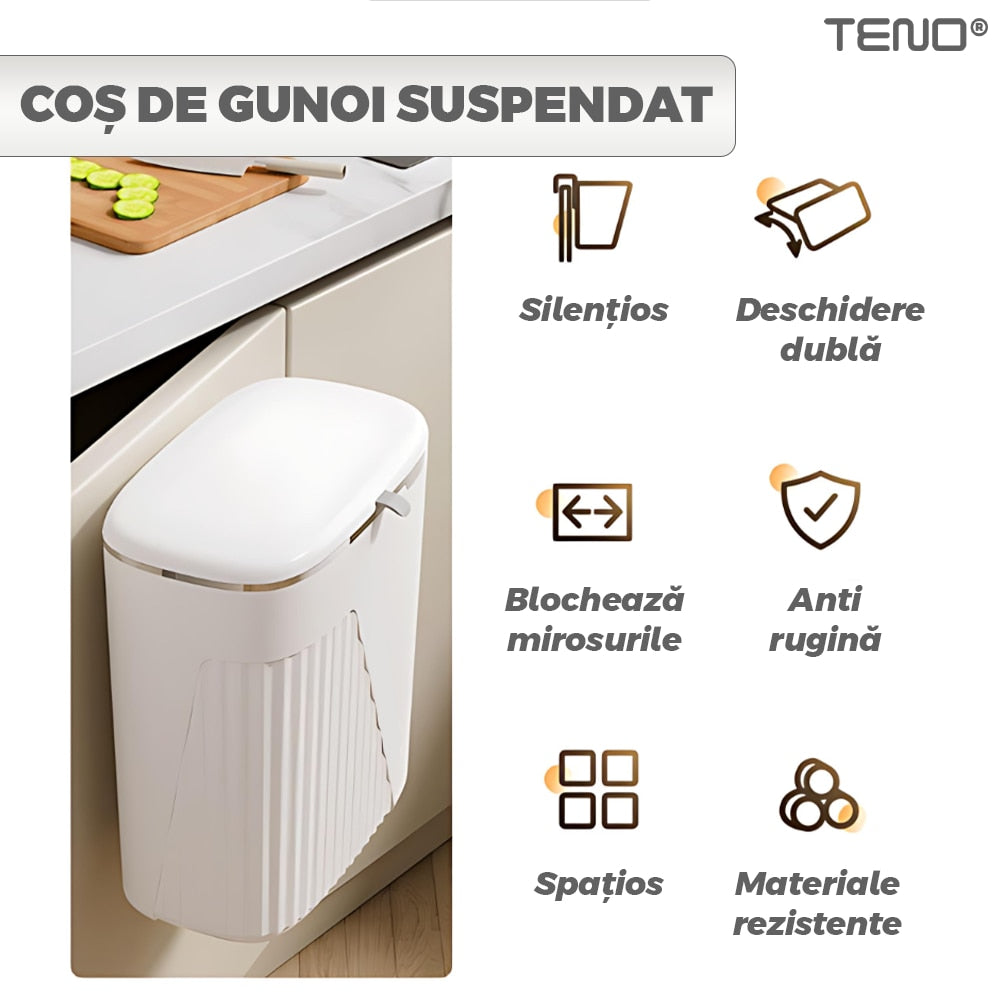 Cos de gunoi suspendat Teno, aplicabil pe perete sau pe mobila, design modern, 9 L, alb