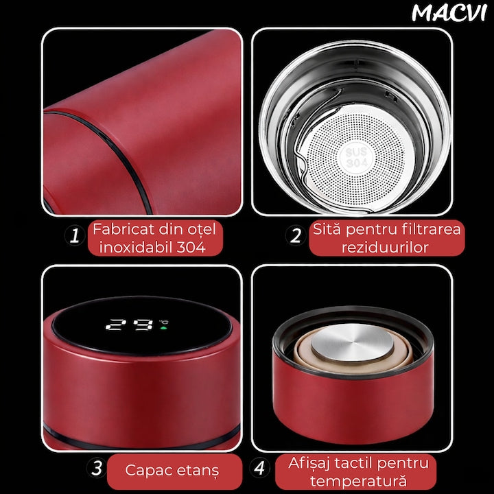 Termos Macvi® Smart 500 ml cu sita infuzor si perete dublu, afisaj LED temperatura rosu