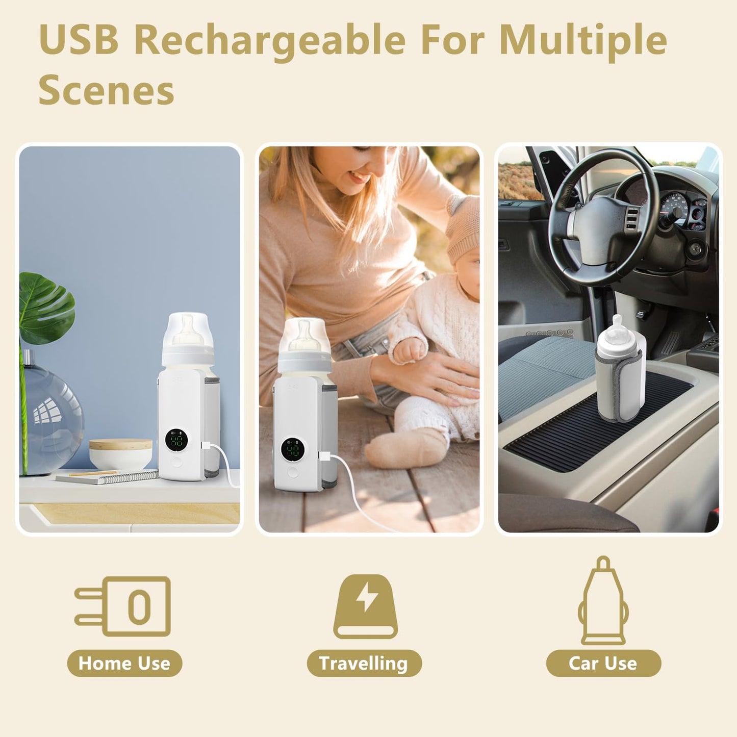 Incalzitor portabil pentru biberoane MACVI, 6 niveluri temperatura, mentinere caldura pana la 5 ore, alimentare USB, 300 ml