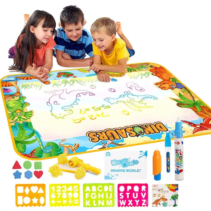 Covoras Desen cu Apa Macvi® Dinozauri 100x70 cm Set Educativ cu Markere Sabloane Stampile Reutilizabil Copii