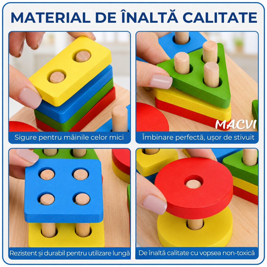 Jucarie  Tip Sortat Macvi® pentru Copii, 16 Piese, Forme Geometrice, 4 Coloane de Sortare