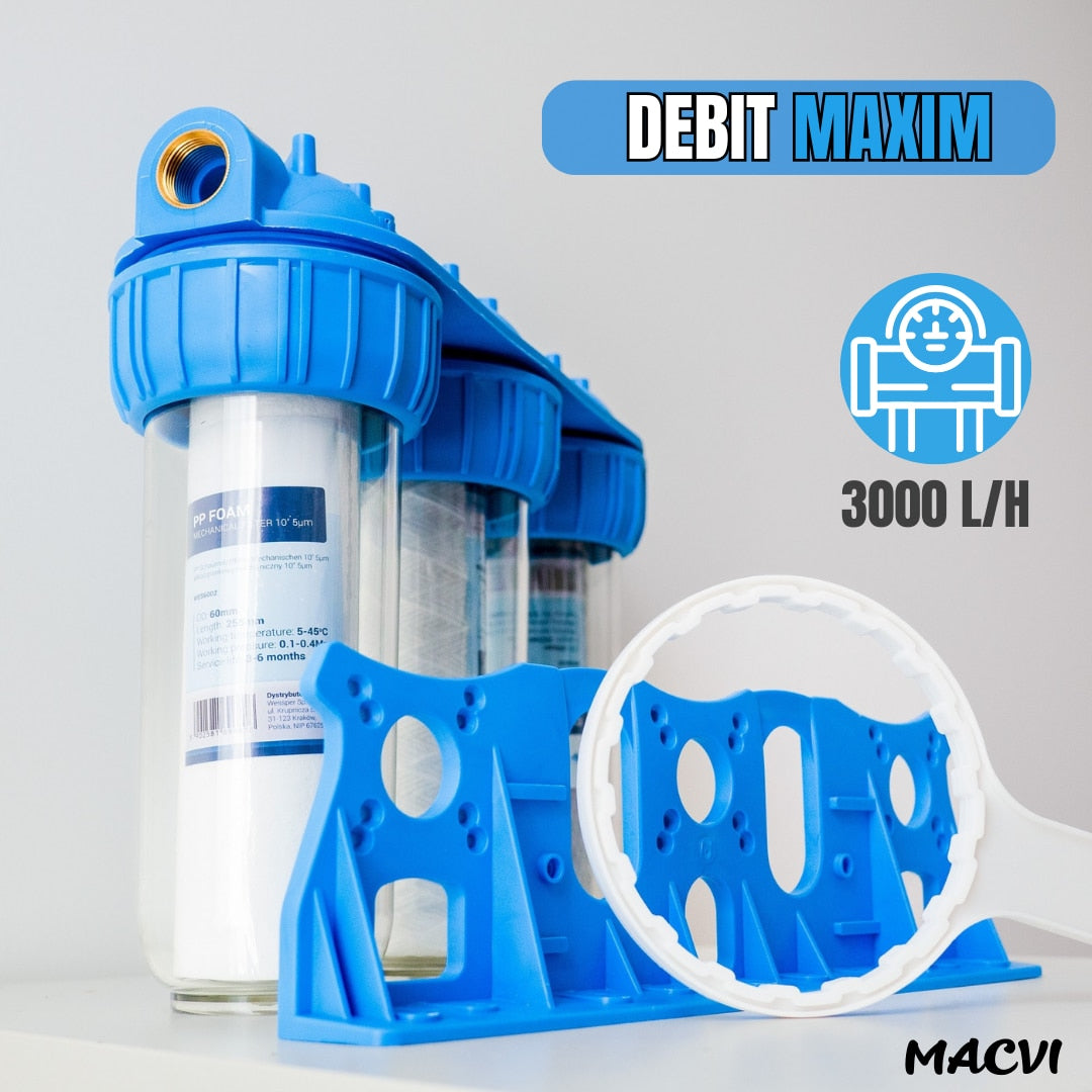Sistem de Filtrare Apa Macvi® Triplu 3/4", 3 Trepte cu Carbone Activ, Bumbac si Sita, Microfiltrare 5 Microni, 34.5 cm, Alb/Albastru