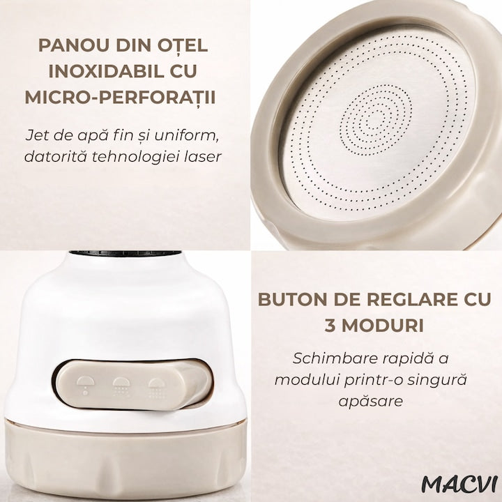 Cap de Robinet Universal Macvi®,  pentru Chiuveta, 3 Moduri de Jet, Rotire 360°, Alb/Bej, Usor de Montat