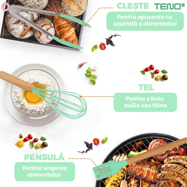 Set Ustensile Bucatarie 12 Piese Silicon Alimentar Teno®, termorezistente, antiaderente, sigure, suport inclus, verde deschis