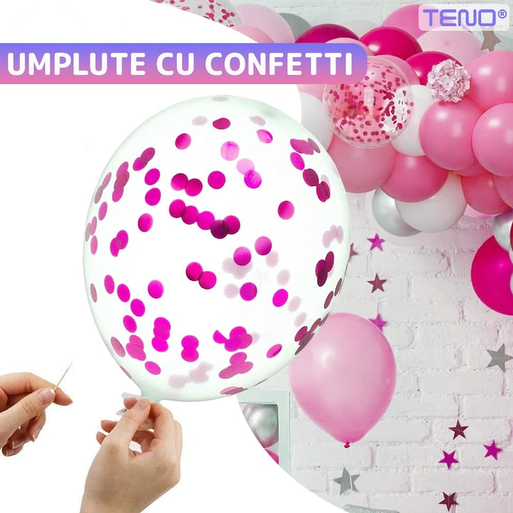 Set 25 Baloane Teno®, Litere, pentru Petreceri/Aniversari/Evenimente, confetti, stelute, model HAPPY BIRTHDAY, roz/mov/alb
