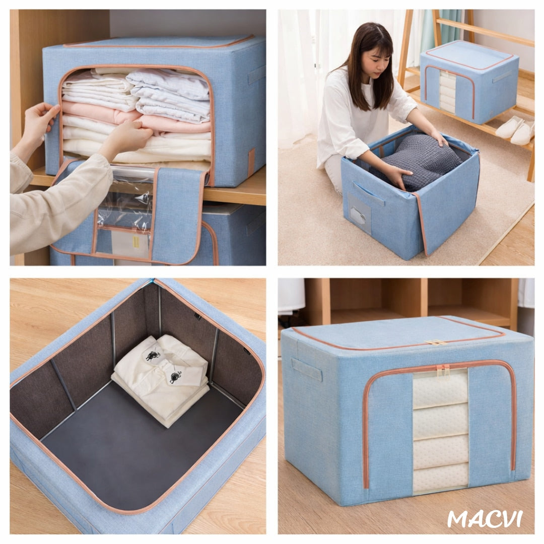 Organizator depozitare Macvi® 100 litri, cutie textila pliabila cu capac si fermoar, panou transparent pentru vizualizare si cadru metalic robust, ideala pentru haine voluminoase si depozitare