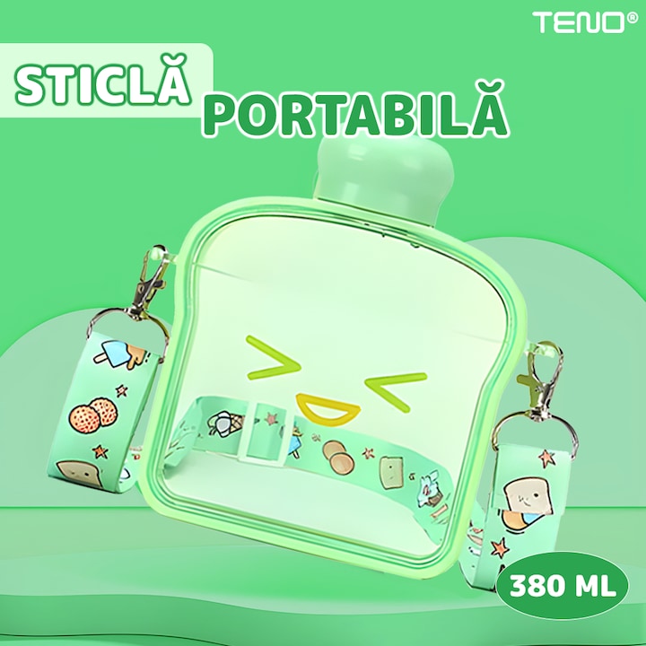 Sticla de Apa pentru Copii Teno®, forma de toast, fara BPA, anti-scurgere, usor de curatat, curea reglabila inclusa, pentru copii, 380 ml, verde