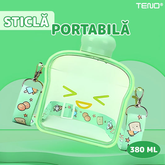 Sticla de Apa pentru Copii Teno®, forma de toast, fara BPA, anti-scurgere, usor de curatat, curea reglabila inclusa, pentru copii, 380 ml, verde