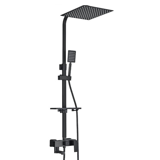 Coloana de dus Macvi®, 25x25 cm, negru mat, 3 functii apa, baterie monocomanda, montare perete, para dus mare, furtun 150 cm