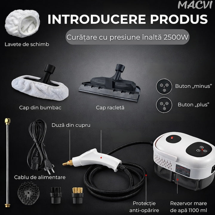Aparat aburi Macvi® curatenie profesionala cu rezervor mare duze multiple si jet puternic pentru baie bucatarie tapiterii, Alb