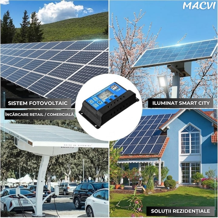 Regulator Tensiune Panou Solar, Macvi®, 20A, 12V 24V, LCD Digital, 2x USB, Controler Incarcare, Protectie Baterie, Negru