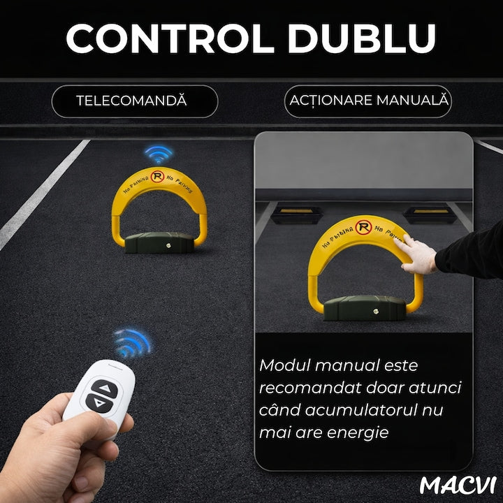 Blocator Parcare Macvi® cu Telecomanda, Actionare Electrica, Functionare pe baterii, protectie Acces Auto, Design Rezistent