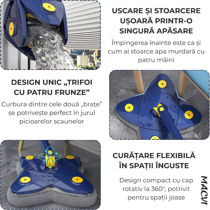 Mop cu Cap Stea Macvi® 360° Telescopic Curatare Usoara, 2 lavete Microfibra, Lungime 123 cm, Albastru/Galben