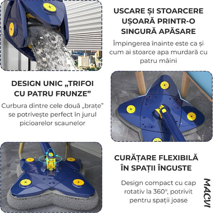 Mop cu Cap Stea Macvi® 360° Telescopic Curatare Usoara, 2 lavete Microfibra, Lungime 123 cm, Albastru/Galben
